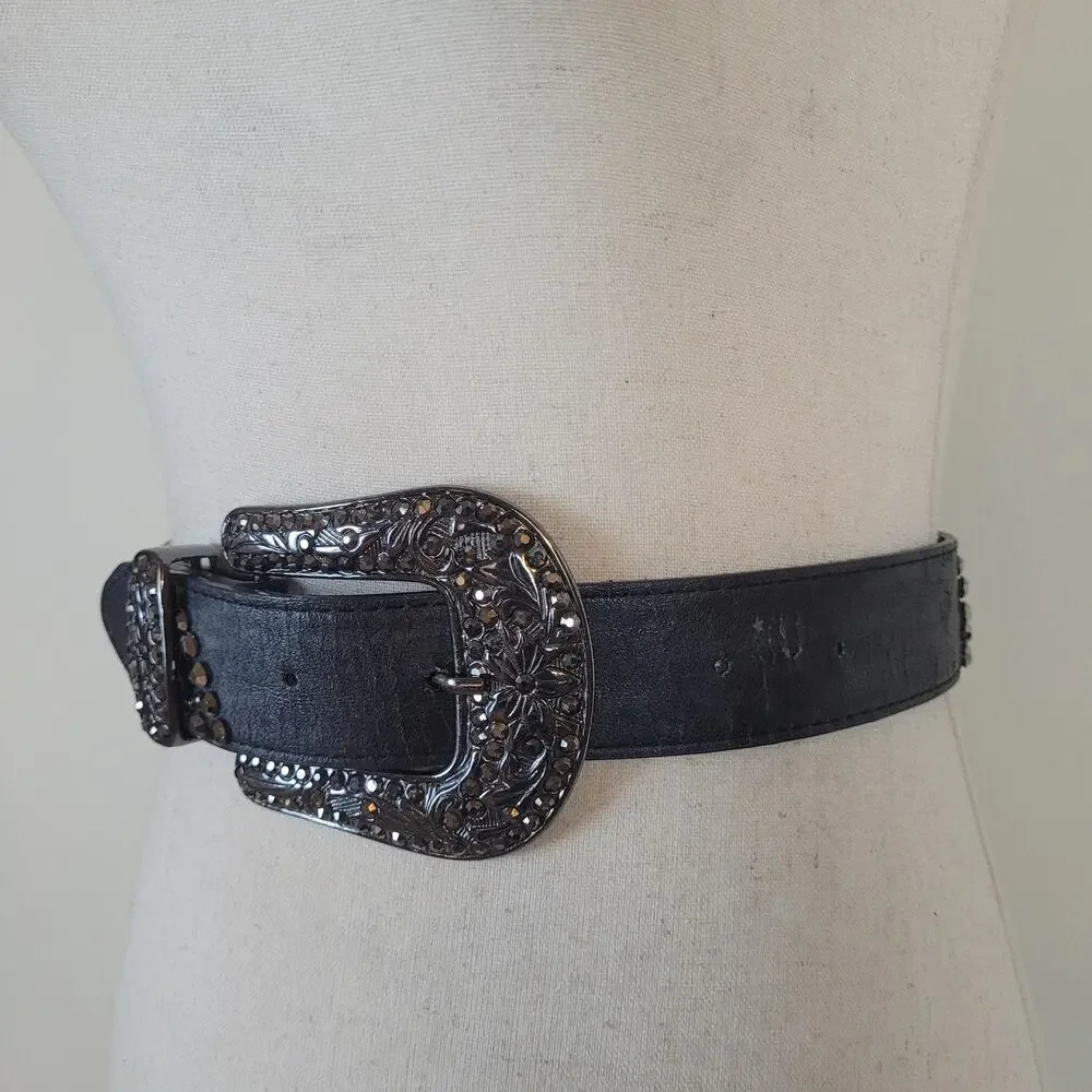 Black Leather Belt Med Western Cowgirl Rhinestone Buckle Studs Boho Rodeo Bling